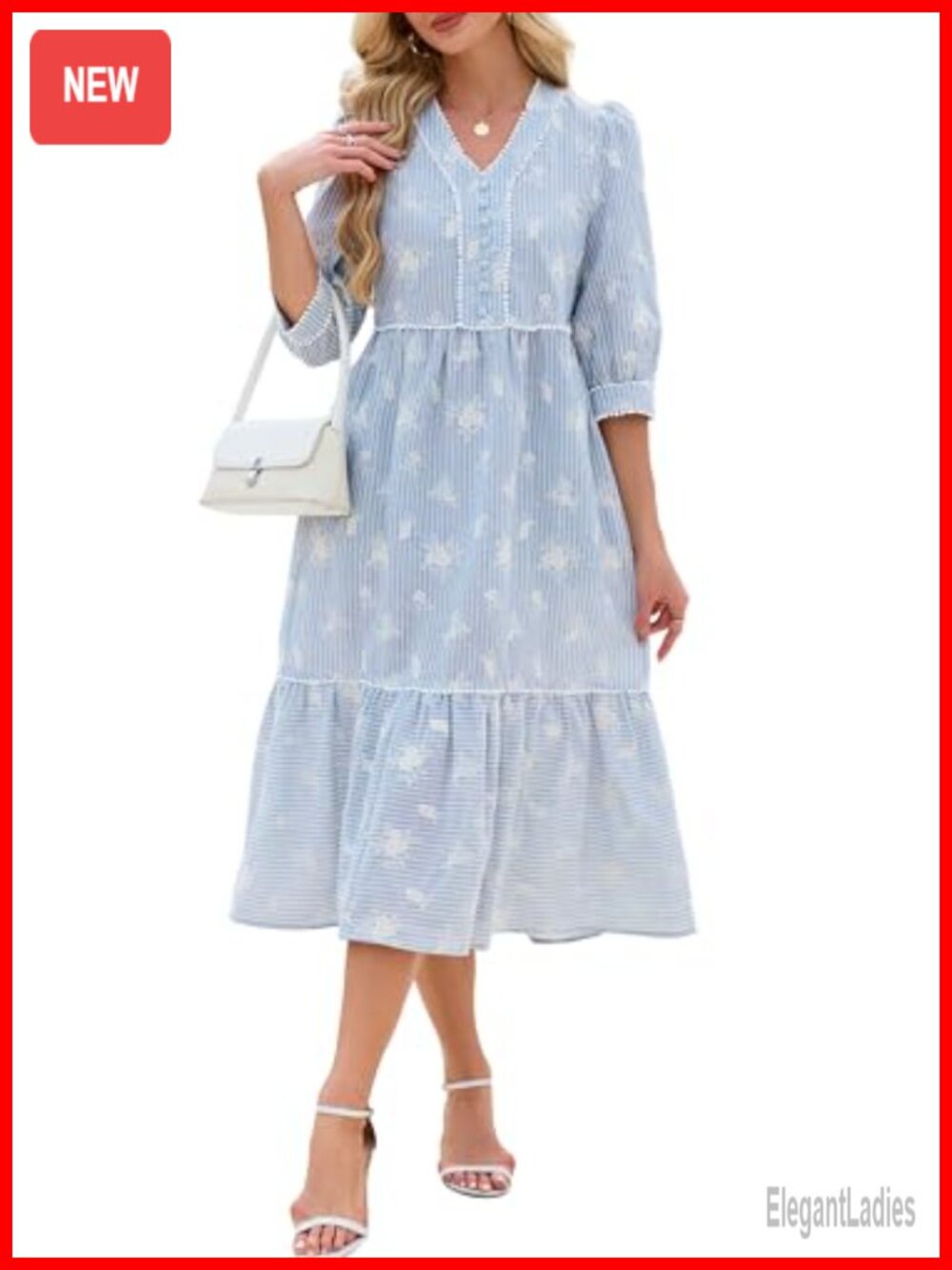 Womens Boho Tiered Embroidered Midi Dress Puff Sleeve V Neck Casual
